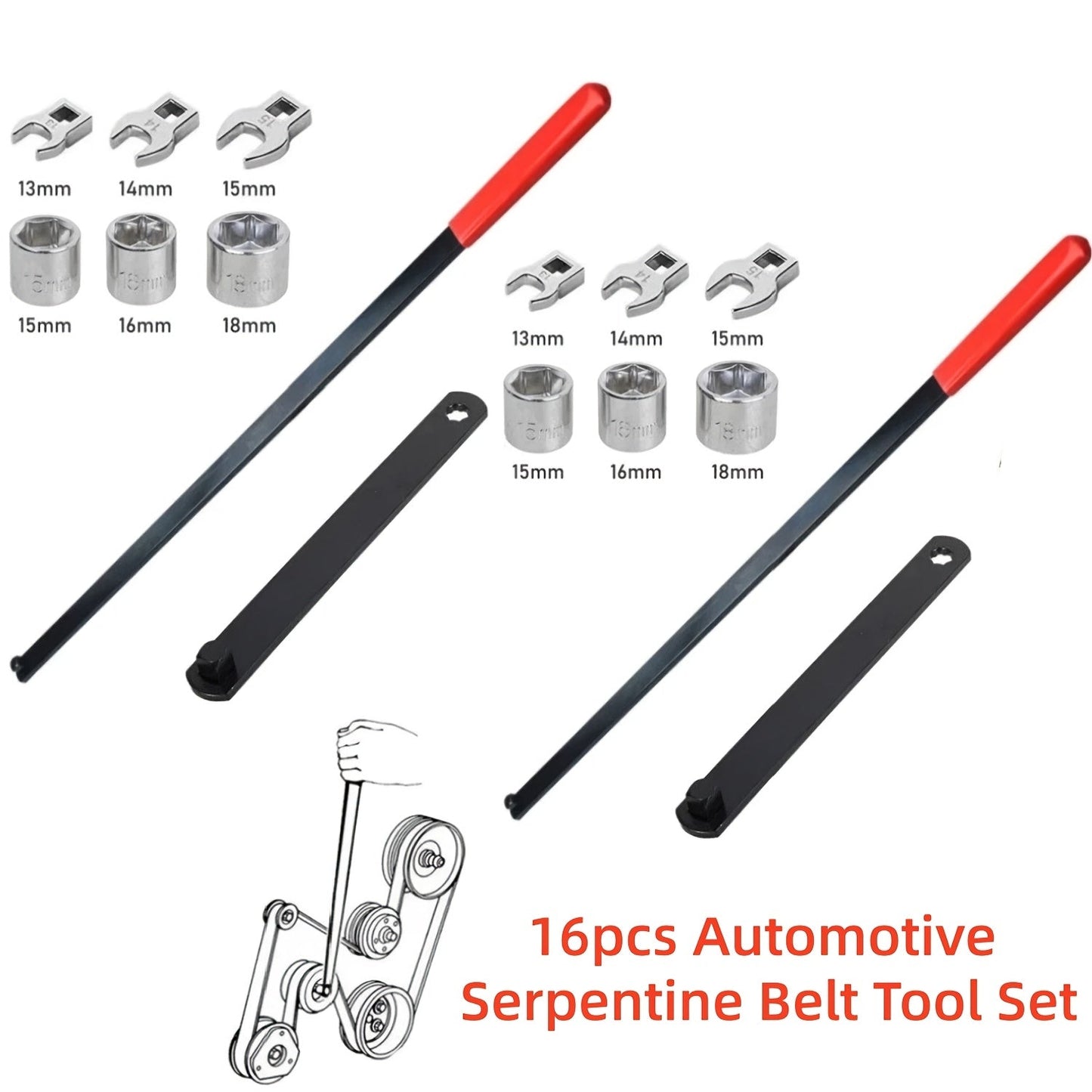 Serpentine Belt Tool Set 8/16 Piece - Universal 3/8 and 1/2 Drive Belt Tensioner Wrench, Idler Pulley Adjuster, Chrome Vanadium Steel, Professional Automotive Belt Removal and Installation Kit for Car Engine Repair