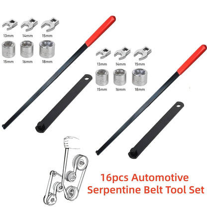 Serpentine Belt Tool Set 8/16 Piece - Universal 3/8 and 1/2 Drive Belt Tensioner Wrench, Idler Pulley Adjuster, Chrome Vanadium Steel, Professional Automotive Belt Removal and Installation Kit for Car Engine Repair