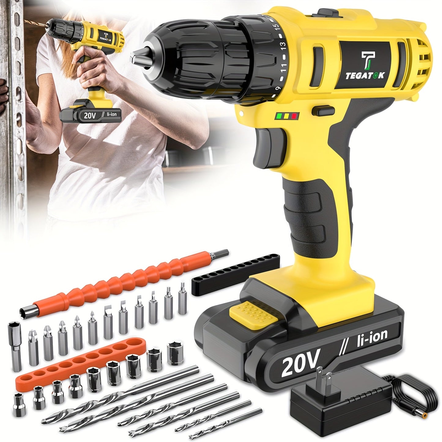 20V Cordless Drill Set with Battery & Fast Charger – Impact Power Drill, 45Nm Torque, 3/8" Keyless Chuck, 18+3 Clutch, 2-Speed, LED Work Light for Home & DIY