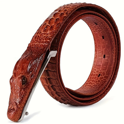 Men's Crocodile Pattern Embossed Belt – Two-Layer Cowhide Leather with Animal Design Buckle, Casual Dress Belt in Black, Brown & Yellow for 33"-44" Waist
