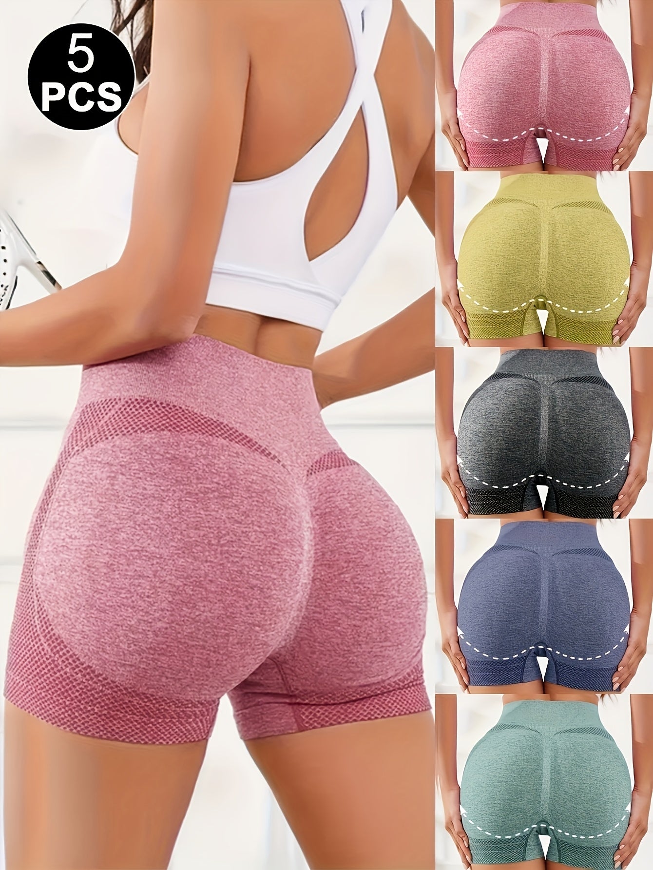 Women's Butt-Lifting High-Waist Yoga Shorts 5-Pack Tummy Control Ruched Stretch Biker Shorts - 85% Polyester Breathable Solid Color for Gym, Cycling, Fitness & Running