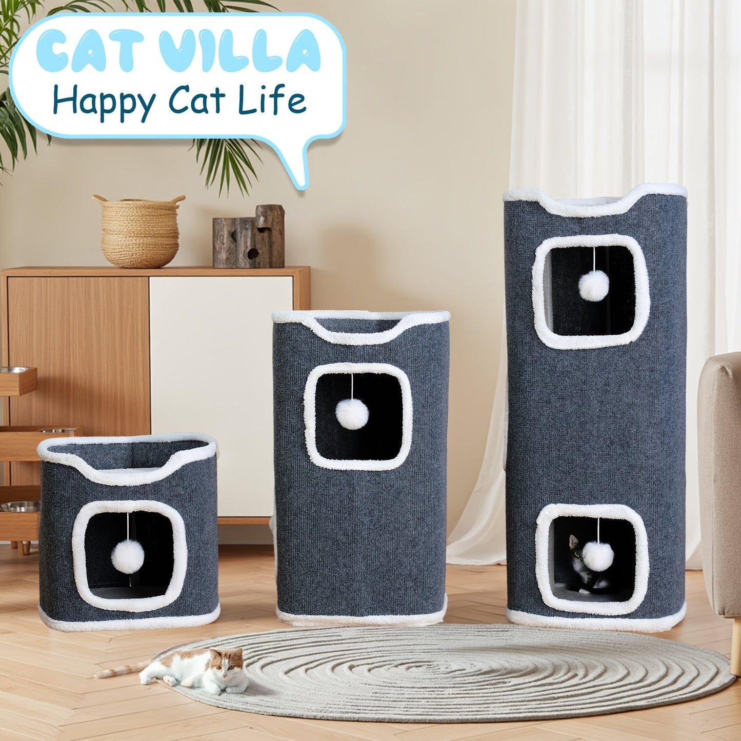 Multi-Level Foldable Cat Tree Tower for Indoor Cats – Scratching Post, Cozy Perch, Cat Condo with Hanging Toy Ball, Cat Hideaway, Soft Bed, 1/3/4 Tier Options