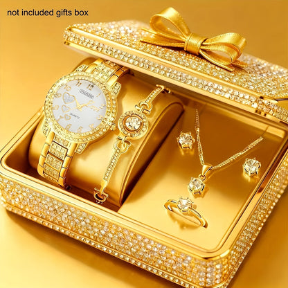 Women's Watch & Jewelry Set 6 Pieces - Elegant Ladies Watch with Bracelet Necklace Earrings & Ring, Luxury Fashion Jewelry Set for Women, Valentine's Day Birthday Anniversary Gift