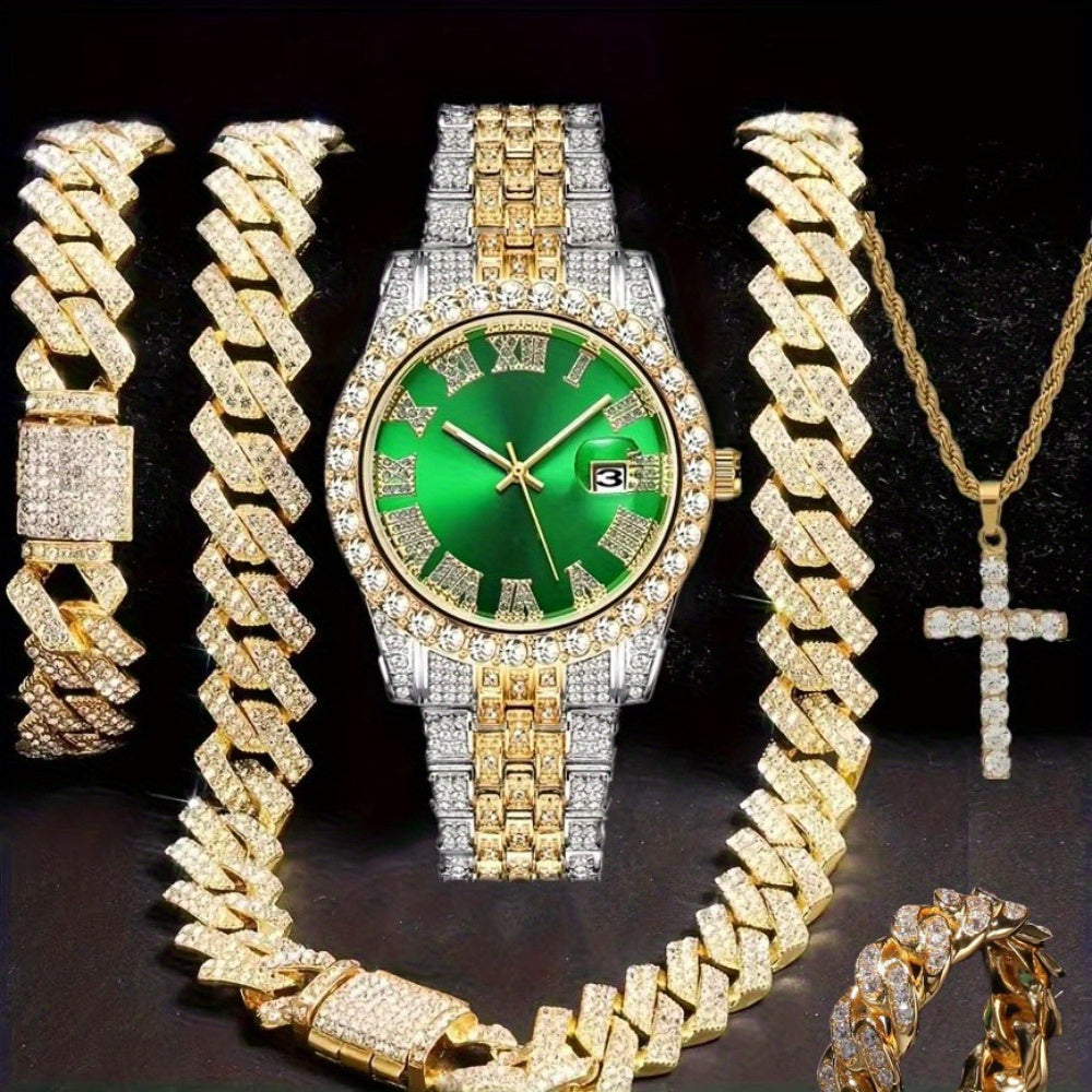 Men's Hip Hop Watch & Jewelry Set - Cuban Chain Pendant Necklace Bracelet Combo, Trendy Bling Accessories for Men, Perfect Gift for Christmas Birthday Valentine's Day Father's Day