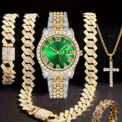 Men's Hip Hop Watch & Jewelry Set - Cuban Chain Pendant Necklace Bracelet Combo, Trendy Bling Accessories for Men, Perfect Gift for Christmas Birthday Valentine's Day Father's Day