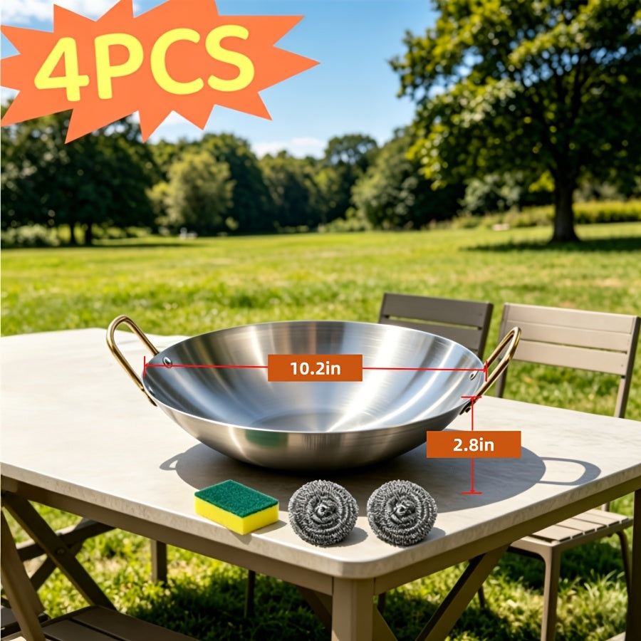 Stainless Steel Non-Stick Skillet Frying Pan 201 Heavy Duty - Camping Open Fire Cookware for Home Kitchen Restaurant Stir Fry Boil 3 Sizes