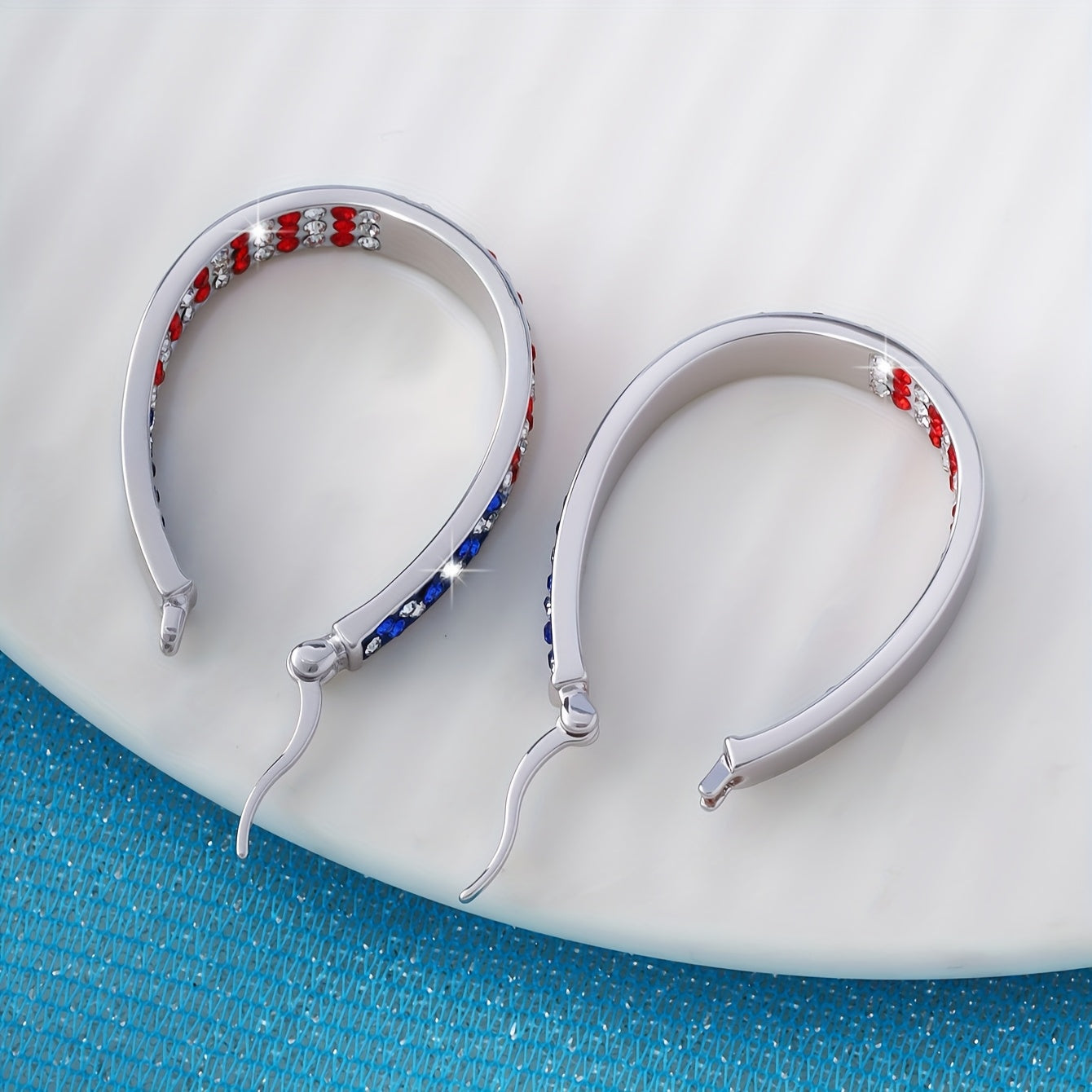 Bohemian Retro Hoop Earrings for Women – Colorful Star & Dot Design with Blue Red White Zircon Crystals, Lightweight Zinc Alloy, Chunky Statement Earrings for Festival, Vacation & Holiday Gift