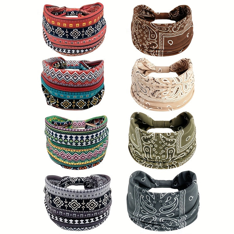 8pcs Wide African Turban Headbands for Women – Boho Paisley Anti-Slip Elastic Headwraps for Sports, Yoga, Running & Daily Wear, Moisture-Wicking Hair Accessories Set