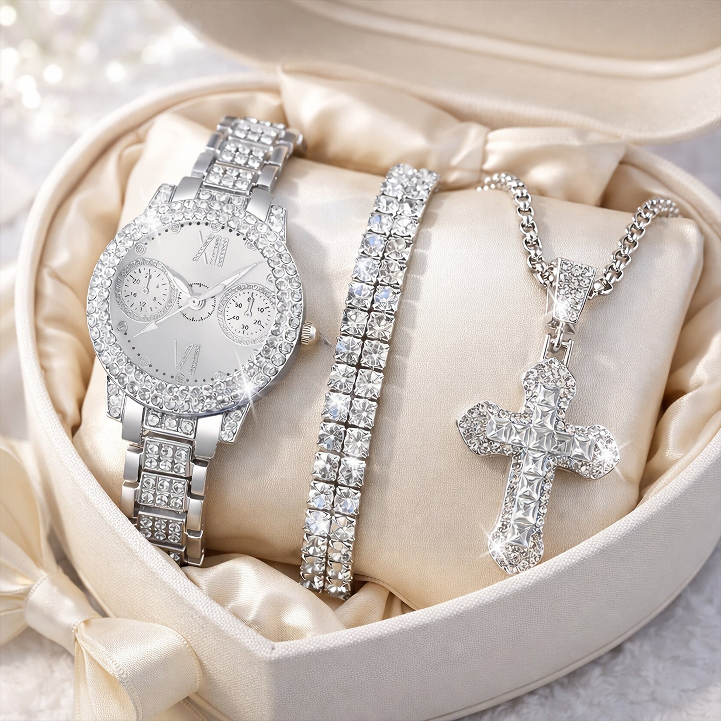 3pcs Women's Fashion Watch and Jewelry Set – Elegant Rhinestone Ring & Bracelet Watch Set, Stylish Gift for Women in Pink Red Silver, Perfect for Birthday Valentine's Day Anniversary