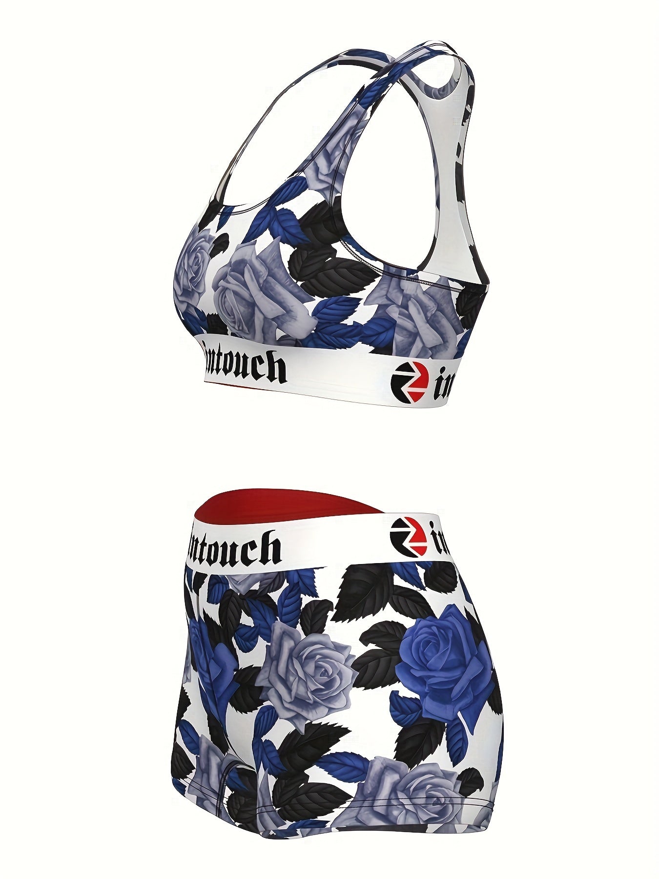 Women's Blue Rose Floral Print Sports Bra & Shorts Set 2-Piece – Stretchy Activewear Gym Yoga Running Fitness Outfit Matching Loungewear for Teens Summer Festival Vintage Style