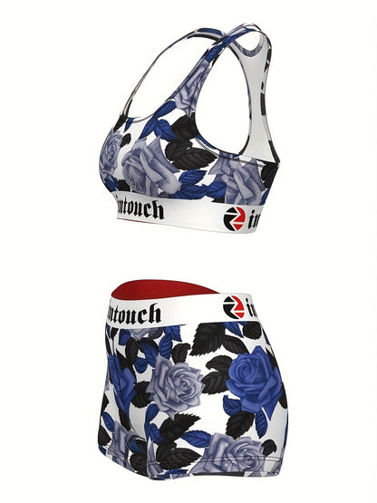 Women's Blue Rose Floral Print Sports Bra & Shorts Set 2-Piece – Stretchy Activewear Gym Yoga Running Fitness Outfit Matching Loungewear for Teens Summer Festival Vintage Style