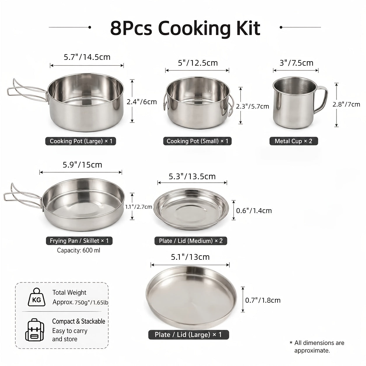 Camping Cookware Mess Kit 8/9/14/15 Piece, Portable Non-Stick Aluminum Alloy Camp Cook Set with Kettle Pot Frying Pan Plates Utensils, Lightweight Backpacking Outdoor Cooking Gear for Hiking & Travel
