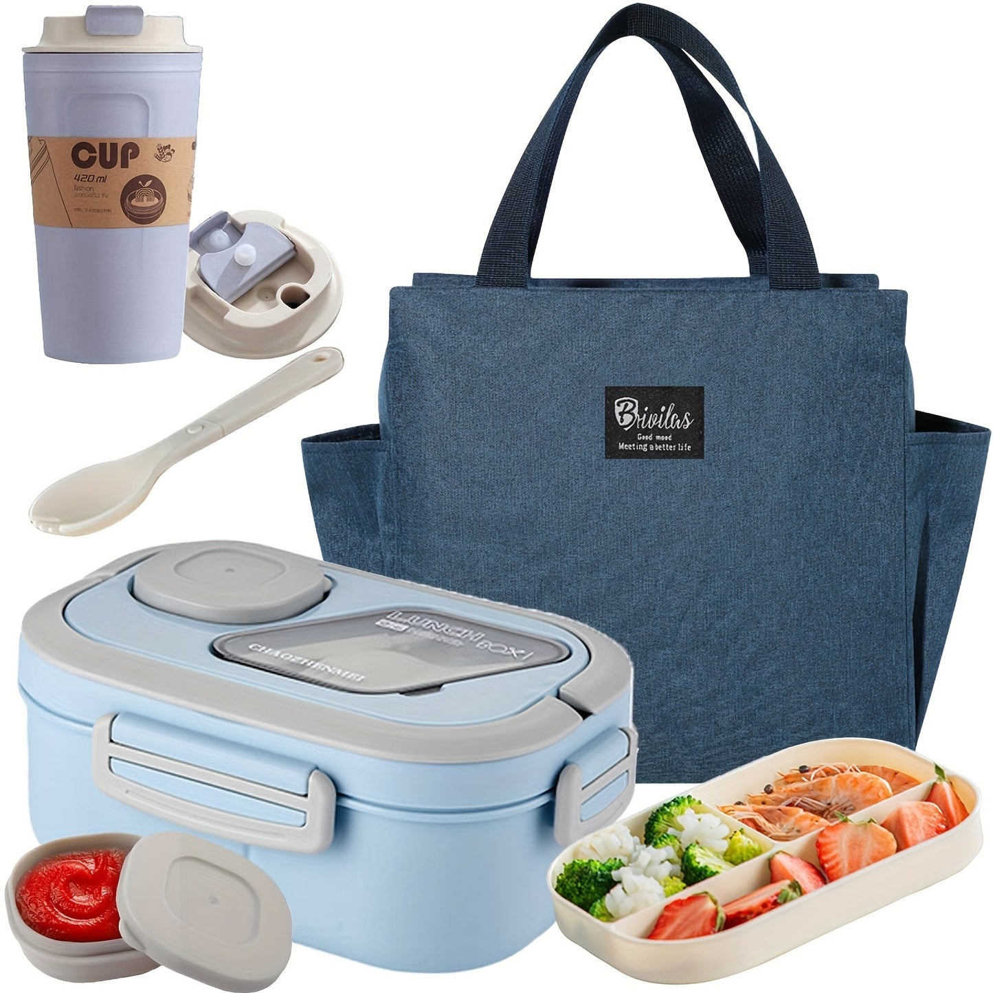 2-Layer Bento Lunch Box Set with Cup & Insulated Lunch Bag – Multi-Grid Leakproof Food Container for School, Office & Picnic, Choose Salad, Coffee, Milk or Soup Cup, Pink Green Blue White