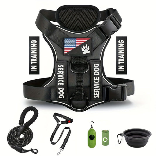 Dog Vest Harness Set with Leash – Adjustable No-Pull Harness Includes 5 Patches, Seat Belt, Collapsible Bowls & Poop Bag Dispenser for Training Walking Hiking XS to XL