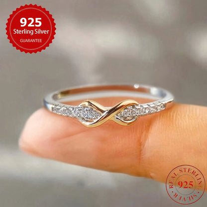 S925 Sterling Silver Lucky 8 Ring for Women – Cubic Zirconia Inlay, Two-Tone Color Separation Design, Elegant Stackable Band, Sizes 5-10, Exquisite Wedding & Gift Jewelry