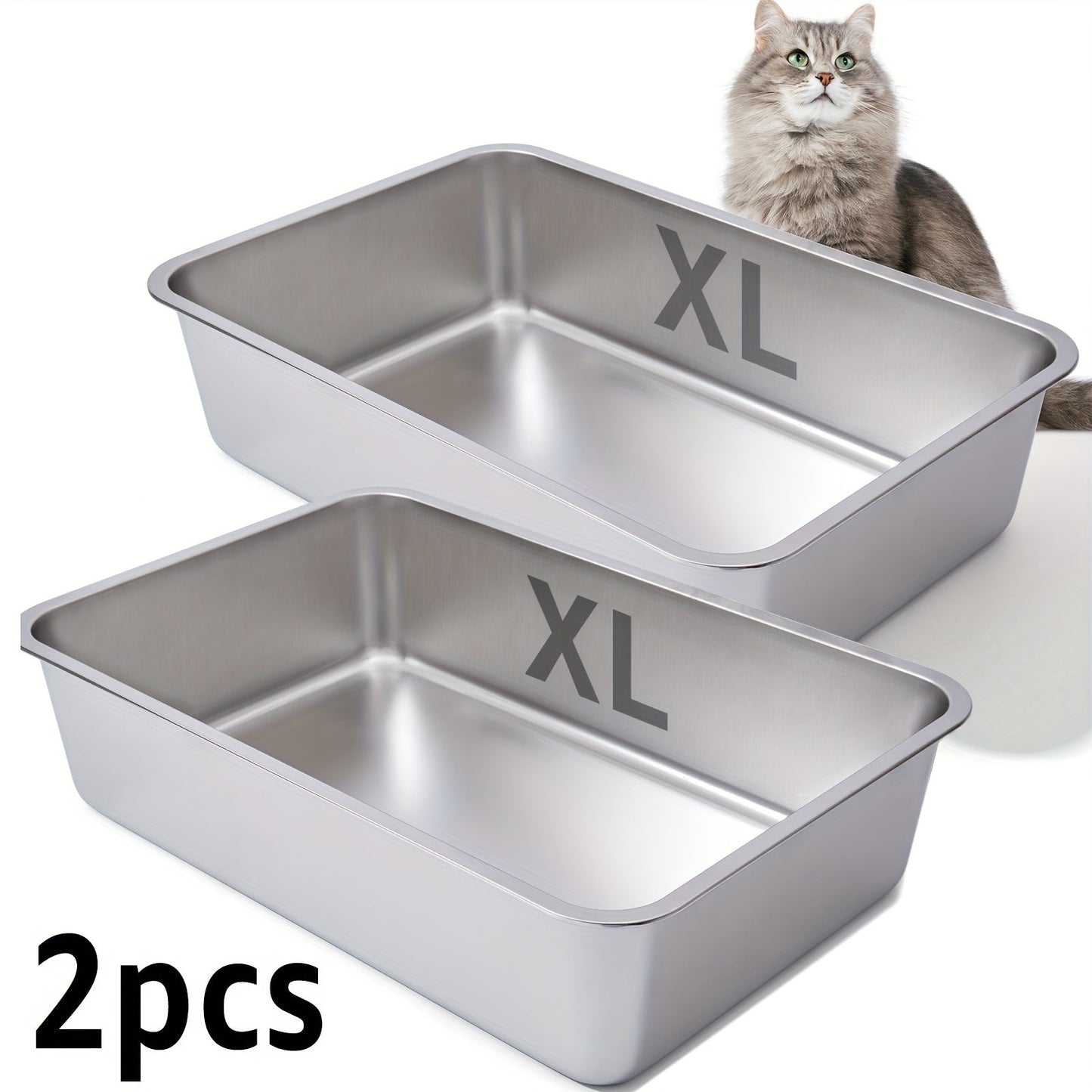 Stainless Steel Cat Litter Box XL – 2-Pack Extra Large Metal Litter Box, 6" Deep High Sides, Easy to Clean, Odor Resistant, for Big Cats & Multi-Cat Households, Rectangle Corner-Fit Design
