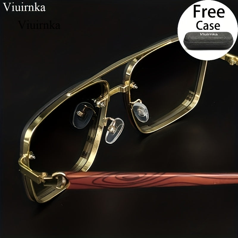Square Retro Sunglasses for Men and Women Wood Grain Double Beam Design UV Protection Fashion Eyewear with Case for Driving Travel Beach Street Photography Holiday Gift 7 Color Options