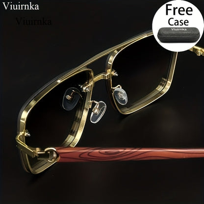 Square Retro Sunglasses for Men and Women Wood Grain Double Beam Design UV Protection Fashion Eyewear with Case for Driving Travel Beach Street Photography Holiday Gift 7 Color Options