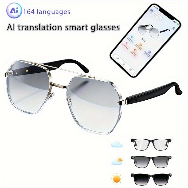 AI Smart Glasses with 8MP HD Camera Touch Control ChatGPT Real-Time Translation Wireless Calling Blue Light Protection Noise Reduction Dual Mics Photochromic Lens for Cycling Driving Travel Office