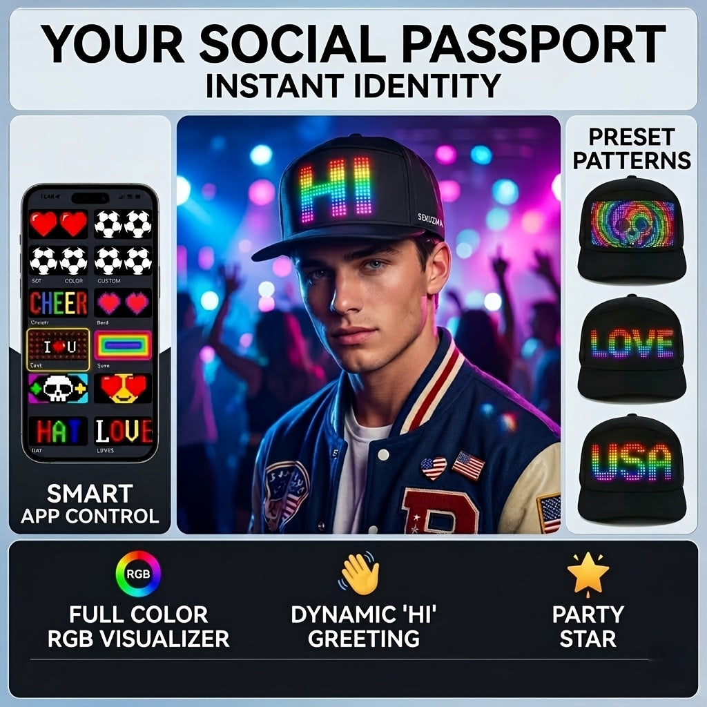 Programmable LED Hat APP Controlled Scrolling Text Animation Light Up Cap Unisex Adjustable Smart LED Baseball Cap for Party Wedding Valentine's Day Carnival Festival Men Women
