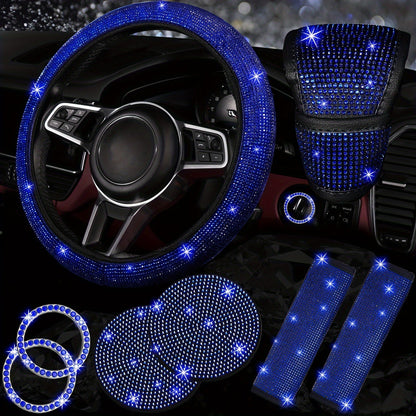 8pc Rhinestone Bling Car Accessories Set for Women – Steering Wheel Cover, Coasters, Seatbelt Pads, Starter Rings & Shift Knob Cover, 7 Colors, Sparkly Glitter Interior Kit