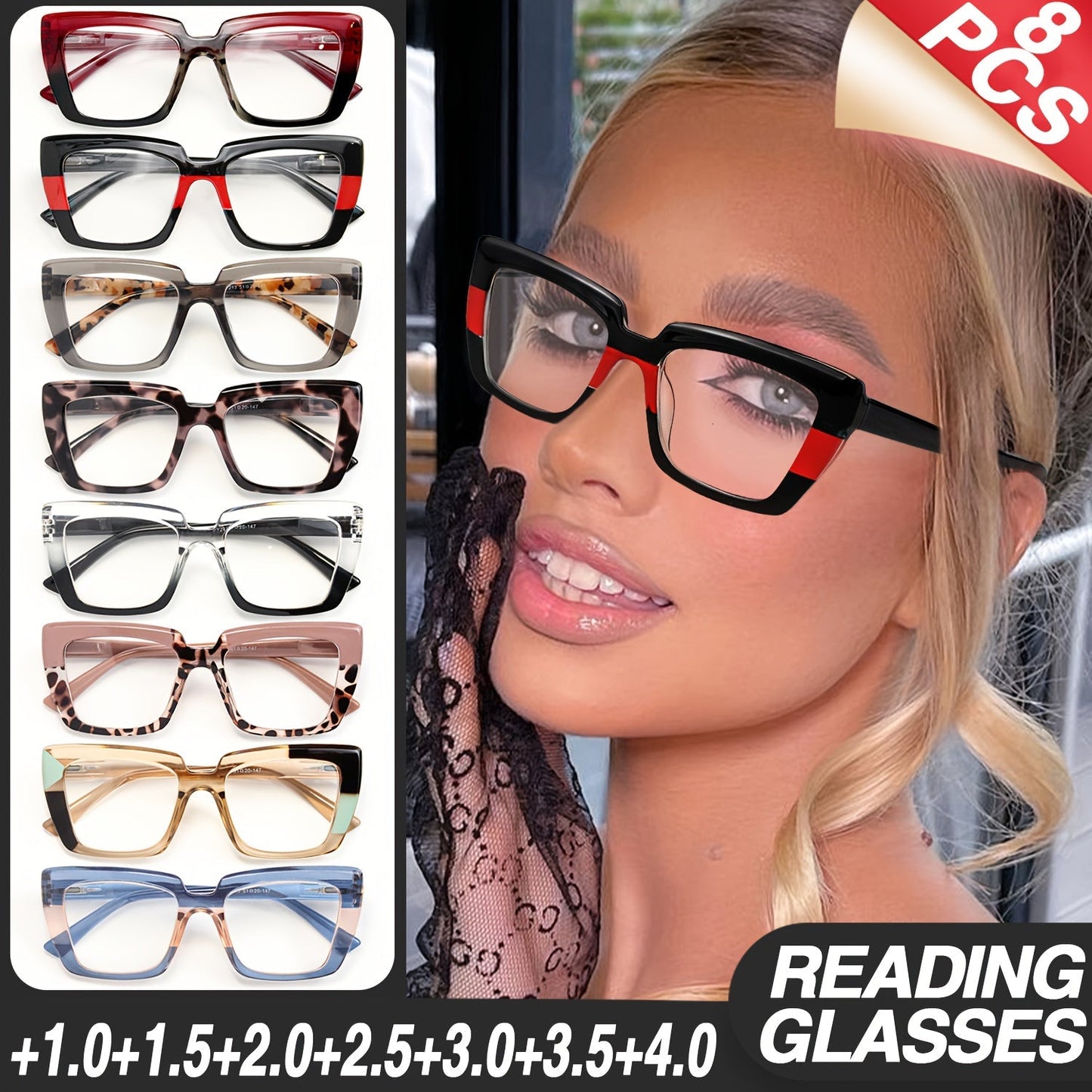 8-Pack Retro Rectangular Reading Glasses for Women Color Clash Design Spring Hinges Comfortable Fit Party Holiday Halloween Christmas Gift +100 to +400
