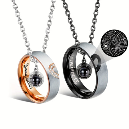 Matching Couples Necklace and Promise Ring Set Romantic Pendant for Him and Her Anniversary Valentine's Day Gift I Love You 100 Languages Vintage Jewelry