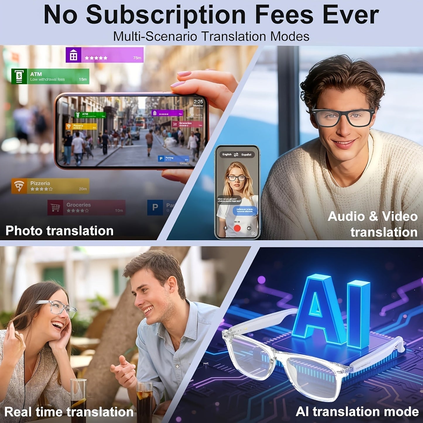 AI Smart Glasses with Camera or Audio – Real-Time Translation 110+ Languages, HD Video Recording, AI Voice Control, HiFi Music & Calling, Photochromic Lenses, Sports Skiing Outdoor Wearable Tech