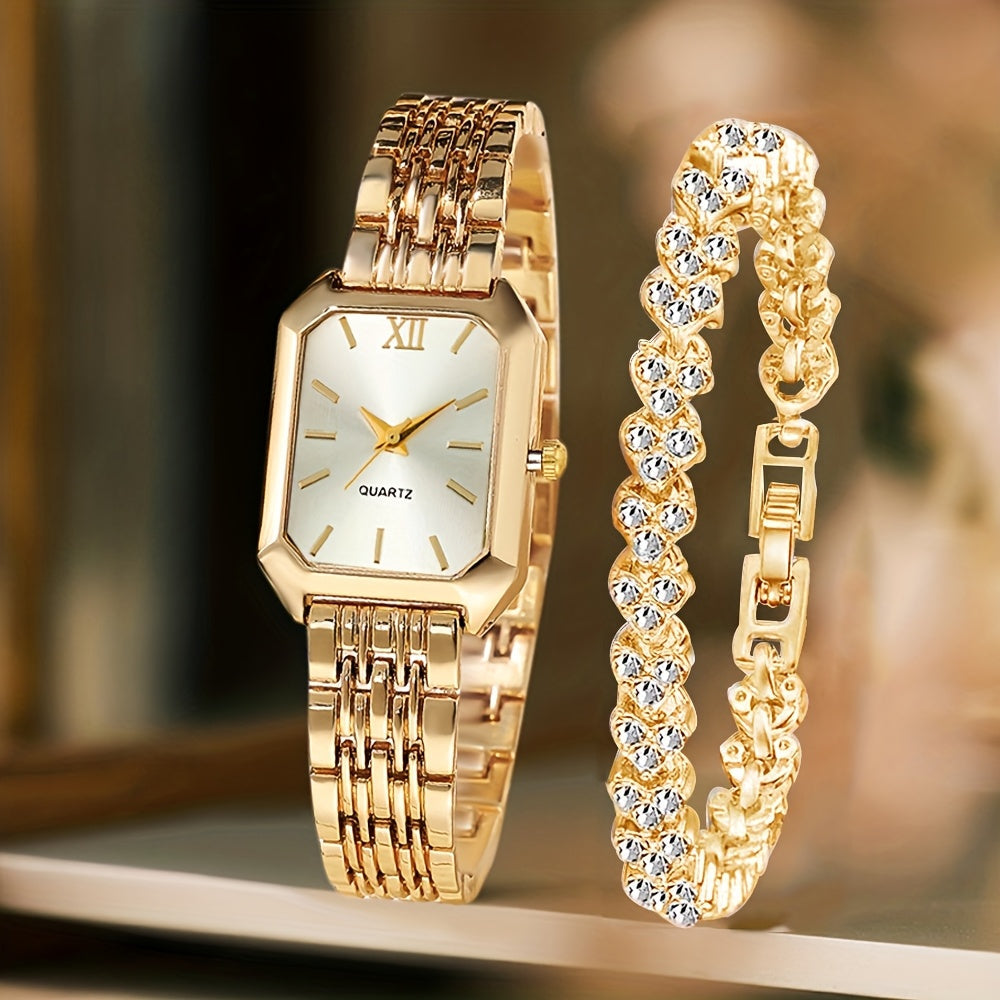 Women's Retro Quartz Watch Set 2pcs – Elegant Heart Chain Stainless Steel Rectangular Dial Analog Wristwatch, Court Style Luxury Timepiece Gift for Wedding, Easter, Birthday & Casual Wear
