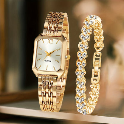 Women's Retro Quartz Watch Set 2pcs – Elegant Heart Chain Stainless Steel Rectangular Dial Analog Wristwatch, Court Style Luxury Timepiece Gift for Wedding, Easter, Birthday & Casual Wear