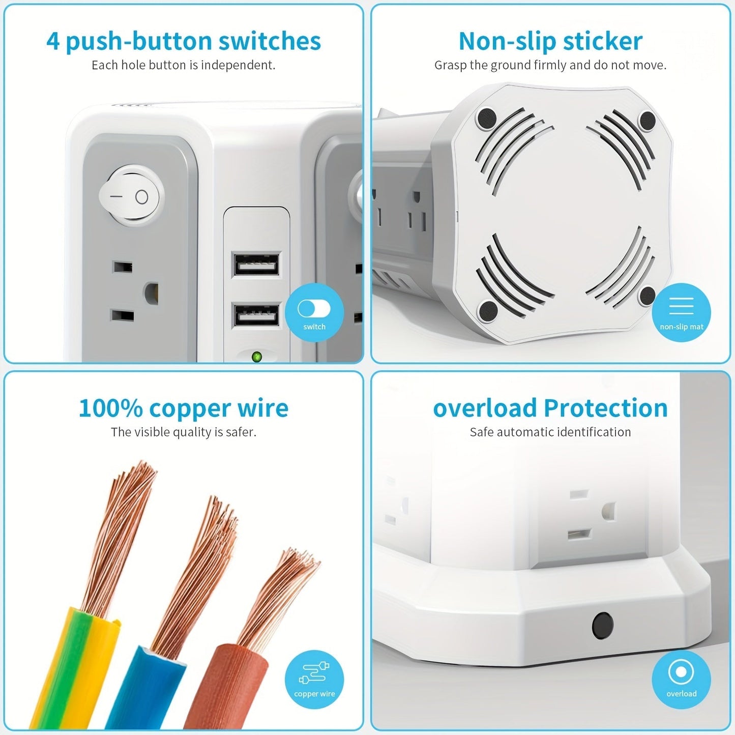 Tower Surge Protector Power Strip 12 AC Outlets 5 USB Ports PD 18W USB-C Fast Charging 10FT Extension Cord 1800J Surge Protection 4 Switches for Home Office Desk Dorm Room – Space-Saving Vertical Design