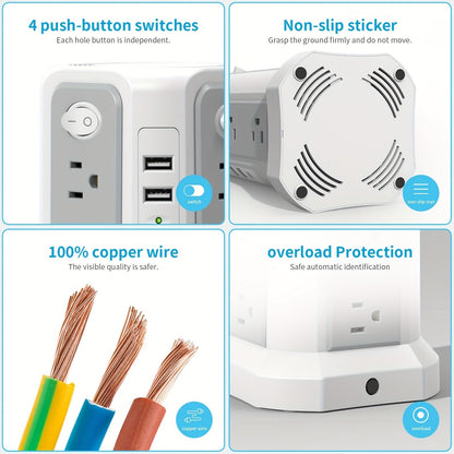 Tower Surge Protector Power Strip 12 AC Outlets 5 USB Ports PD 18W USB-C Fast Charging 10FT Extension Cord 1800J Surge Protection 4 Switches for Home Office Desk Dorm Room – Space-Saving Vertical Design