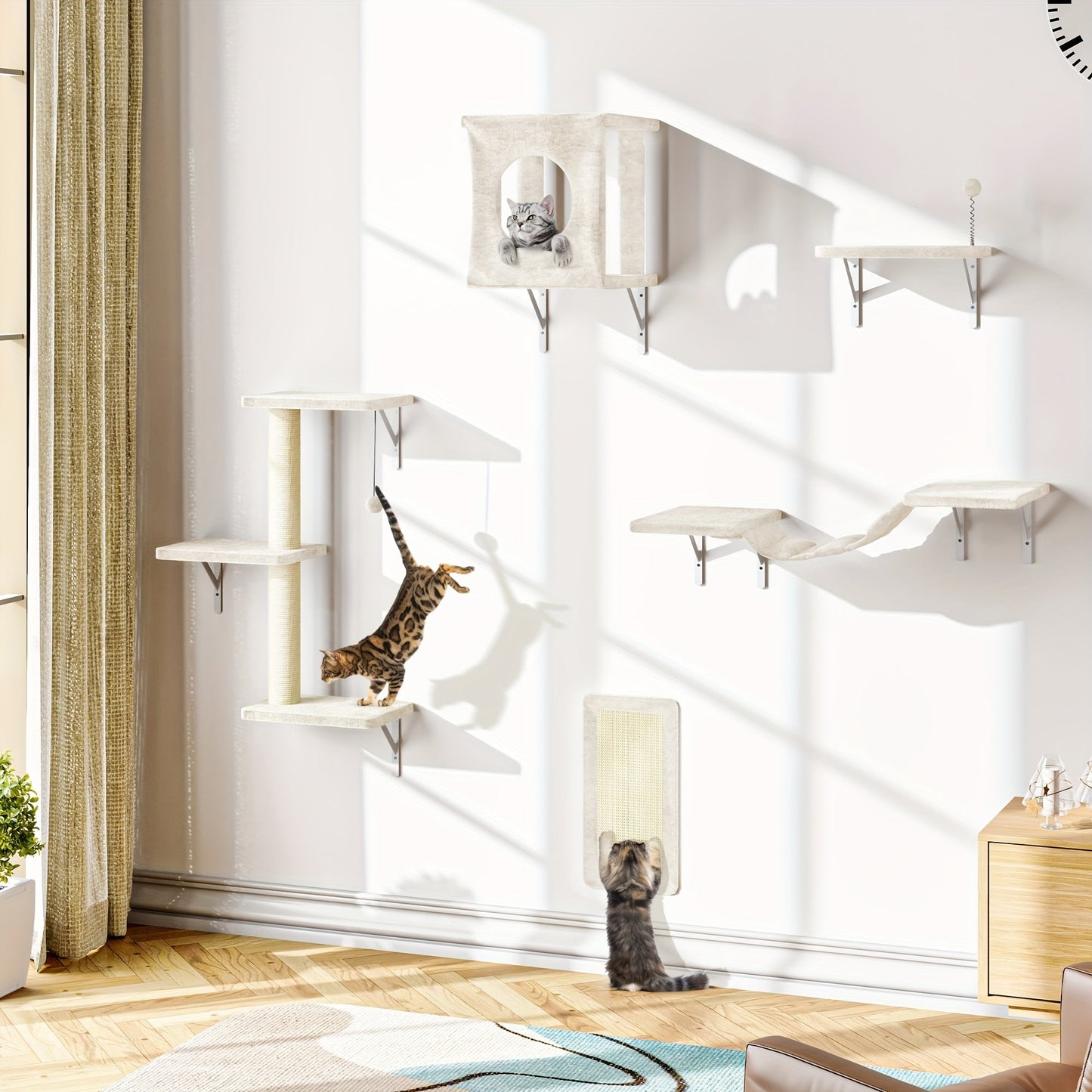 Cat Wall Shelves 5-Piece Set - Wall-Mounted Floating Cat Perch, Climber & Bridge, Modern Cat Furniture for Indoor Cats, Cat Tree Alternative with Cat Bed Platform, Space-Saving Cat House