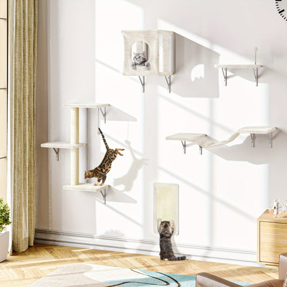 Cat Wall Shelves 5-Piece Set - Wall-Mounted Floating Cat Perch, Climber & Bridge, Modern Cat Furniture for Indoor Cats, Cat Tree Alternative with Cat Bed Platform, Space-Saving Cat House