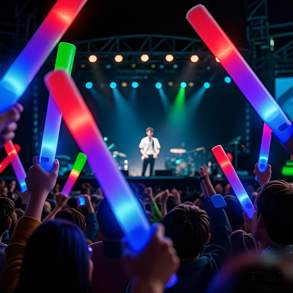 LED Foam Light Sticks Bulk Pack 28 48 or 100 Pieces – 3-Mode Color Changing Flashing Glow Sticks for Parties Weddings Concerts Birthdays Halloween Christmas Camping and Cheering Events