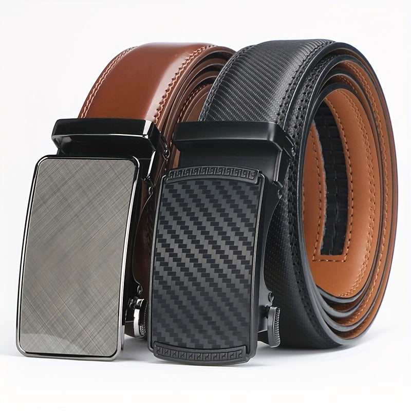Men's Genuine Leather Ratchet Belt with American Flag Automatic Buckle – Adjustable Alloy Clasp in Black & Brown for Formal and Casual Wear