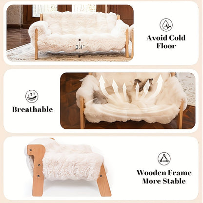 Elevated Pet Sofa Bed Solid Wood Dog Cat Lounge Chair with Bamboo Mat Modern Pet Furniture for Small Medium Dogs Cats Sturdy Stylish Gray White