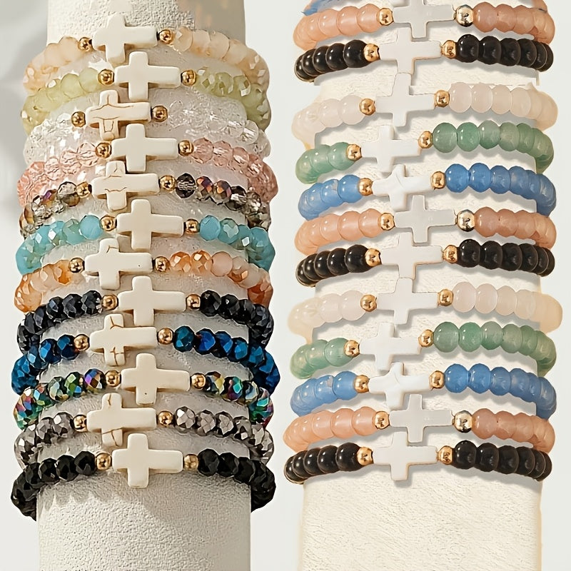 24pc Bohemian Cross Charm Bracelet Set – Colorful Elastic Stretch Bands with Resin & Glass Cross Charms, Bulk Pack for Daily Wear, Vacation, Parties & Holiday Gifting