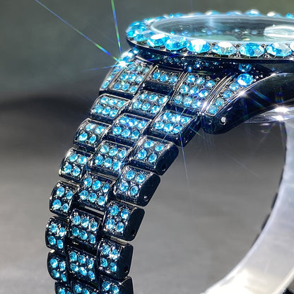Rhinestone Couples Watch Set Luxury Quartz Movement Calendar Luminous Display for Men Women Red and Ice Blue Rhinestone Party Fashion Gift Watch