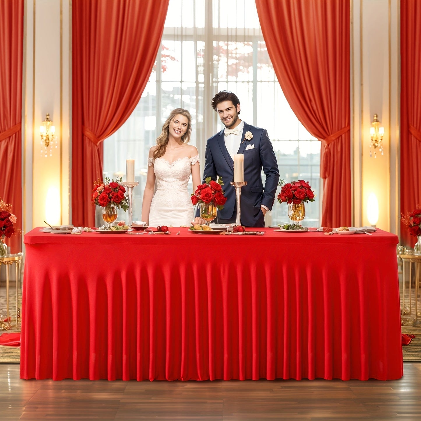 Elastic Spandex Table Cover with Jellyfish Skirt Thickened Non-Transparent High Stretch Polyester Tablecloth for 4ft 6ft Tables Party Birthday Wedding Banquet Hotel Conference Trade Show