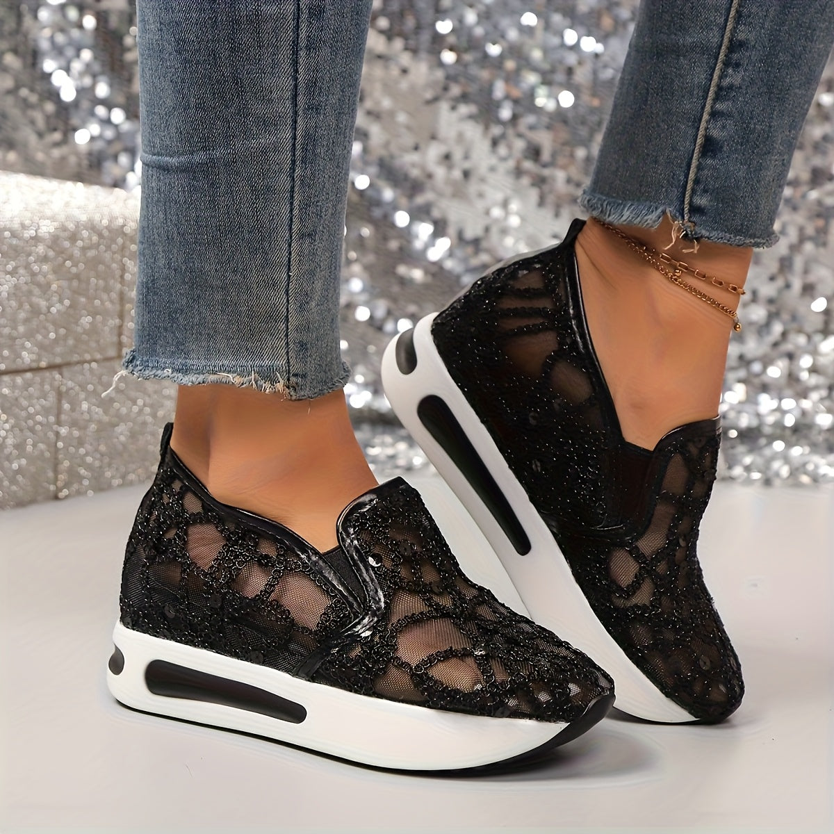 Women's Glitter Sneakers Thick Heel Height-Increasing – Breathable Net Perforated Shock-Absorbing PU Sole All-Season Casual Sporty Shoes, 3 Colors, US Sizes 6–11.5