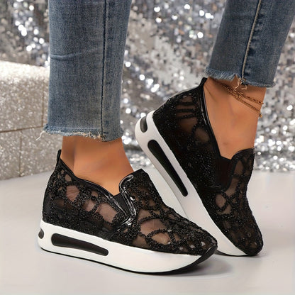 Women's Glitter Sneakers Thick Heel Height-Increasing – Breathable Net Perforated Shock-Absorbing PU Sole All-Season Casual Sporty Shoes, 3 Colors, US Sizes 6–11.5