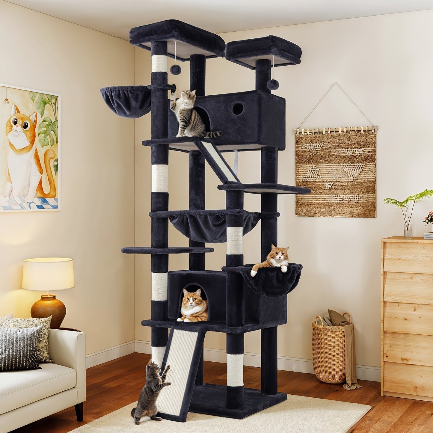 WEEWAY Corner Cat Tree Tower for Indoor Cats 36–81 Inch – Multi-Level Cat Furniture with Sisal Scratching Posts, Condo Cave, Hammock, Ramps, Plush Perches, Basket & Pompom Toys, Perfect Cat Gift
