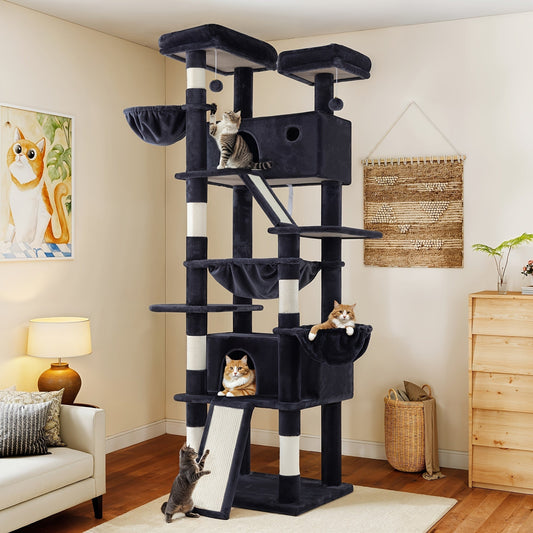 WEEWAY Corner Cat Tree Tower for Indoor Cats 36–81 Inch – Multi-Level Cat Furniture with Sisal Scratching Posts, Condo Cave, Hammock, Ramps, Plush Perches, Basket & Pompom Toys, Perfect Cat Gift