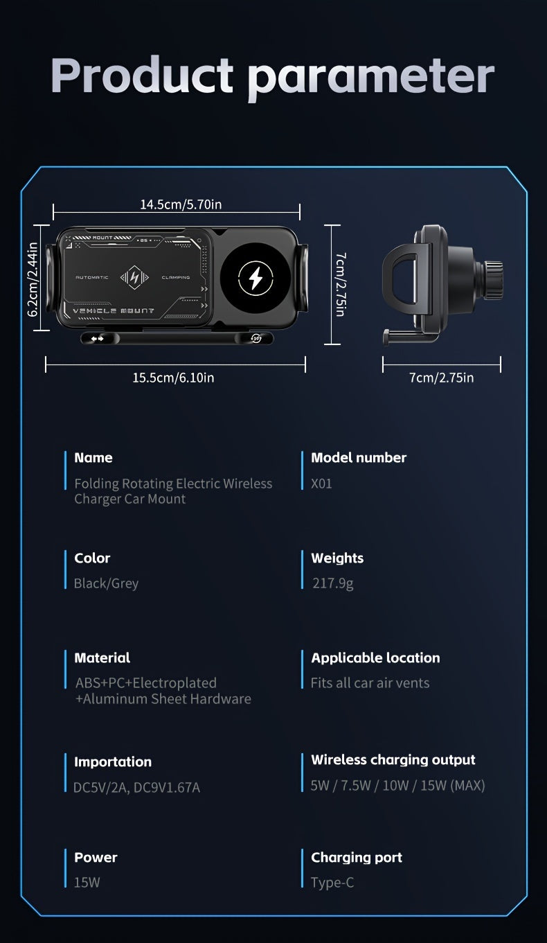 Car Mount with Wireless Fast Charging 15W - Compatible with iPhone 8 to 15 Series, Samsung Galaxy S and Note Series, Fold 5 and Fold 6, Supports Folding Screen Smartphones, USB Powered Dashboard Phone Holder