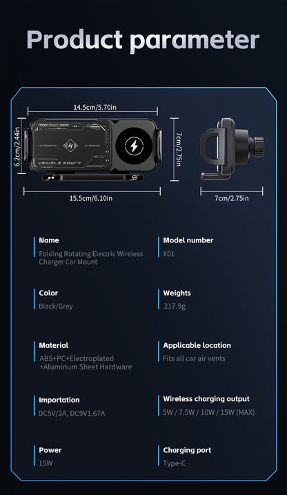 Car Mount with Wireless Fast Charging 15W - Compatible with iPhone 8 to 15 Series, Samsung Galaxy S and Note Series, Fold 5 and Fold 6, Supports Folding Screen Smartphones, USB Powered Dashboard Phone Holder