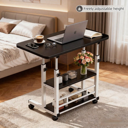 Rolling Bedside Desk Height Adjustable 23-35 Inch with Storage Shelf & Omnidirectional Wheels for Home Bedroom Office Laptop Table
