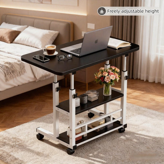 Rolling Bedside Desk Height Adjustable 23-35 Inch with Storage Shelf & Omnidirectional Wheels for Home Bedroom Office Laptop Table