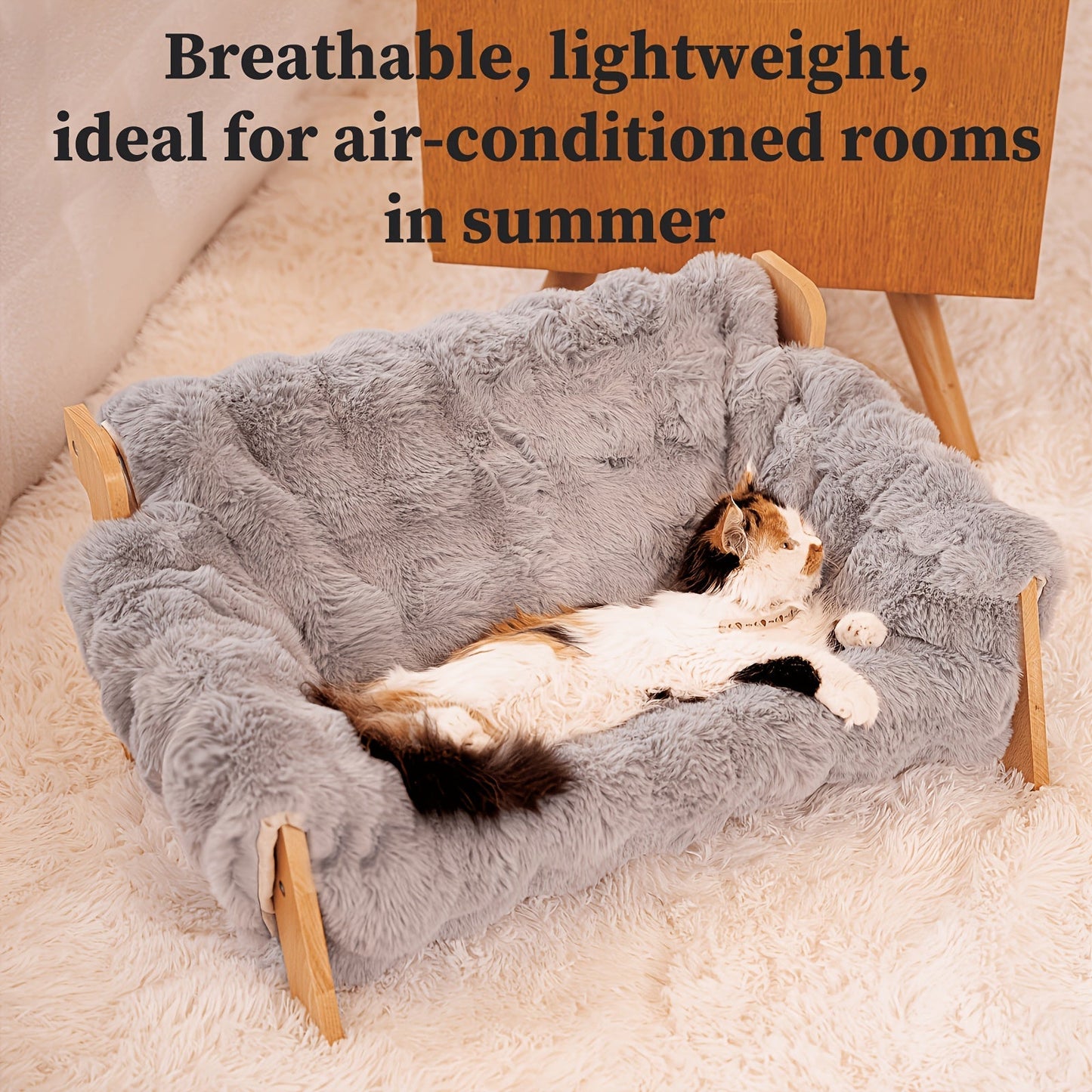 Elevated Pet Sofa Bed Solid Wood Dog Cat Lounge Chair with Bamboo Mat Modern Pet Furniture for Small Medium Dogs Cats Sturdy Stylish Gray White