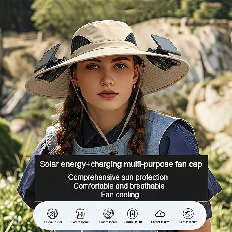 Solar Powered Cooling Fan Wide Brim Sun Hat – 2 Built-In Solar Fans, Adjustable Wind Speed, Breathable Mesh, UV Protection Outdoor Hat with Chin Strap for Fishing, Camping & Travel